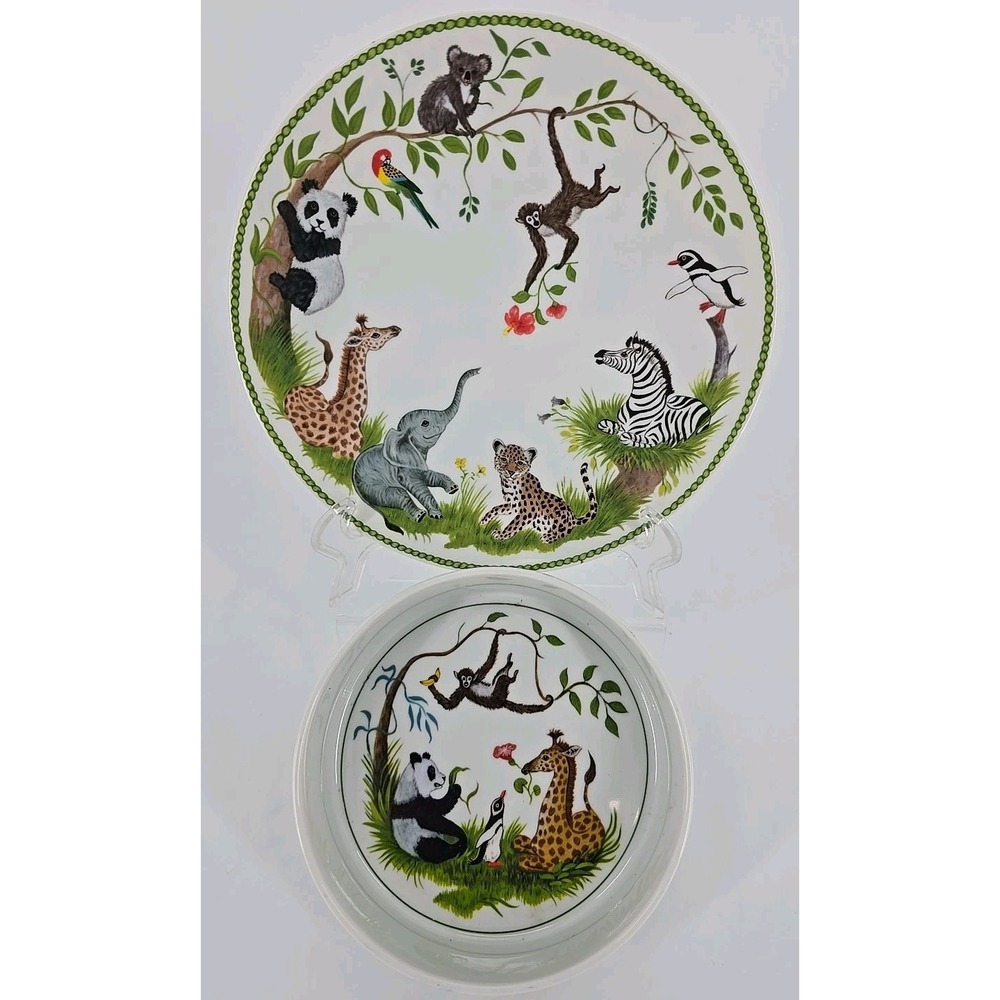 2 Pcs SIGNED Lynn Chase Jungle Party Plate & Bowl Animals From Around The World‎